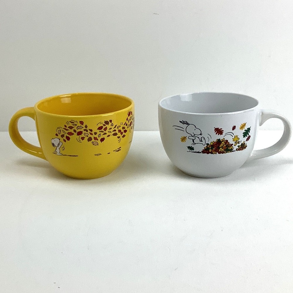 XTRA LG Peanuts/Snoopy/Woodstock Fall Mug Set Yellow/White Autumn Leaves Ceramic